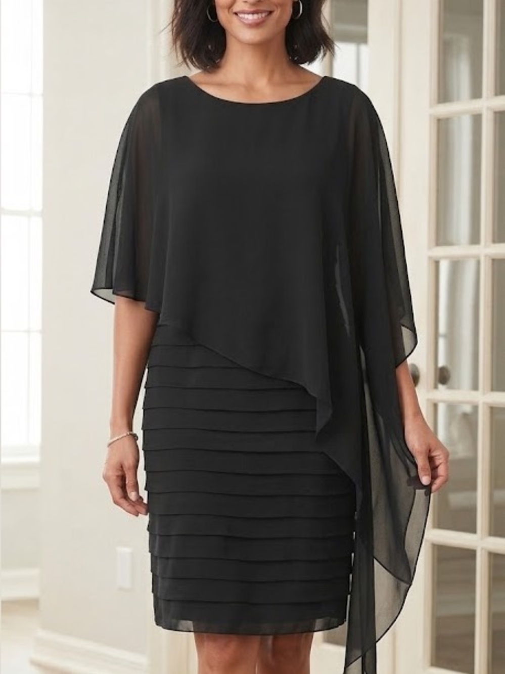 SCARLETT Black Tiered Chiffon Sheath Dress with Asymmetric Cape Overlay Size 16